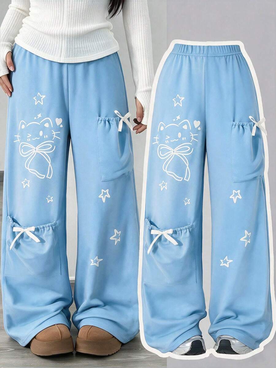 Lurzo Girls' Fashionable Cute Cat & Star Print Casual Pants, Light Gray Bow Pocket, Suitable For Spring, Summer, Autumn, Winter - Baby Blue - View 1