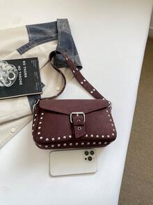 Sexy Rivet Leopard Print Personalized Design Motorcycle Shoulder Crossbody Underarm Baguette Women's Handbag - Coffee - View 9