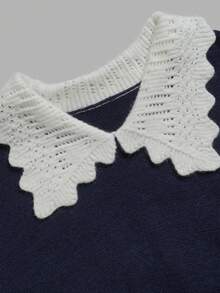 Fall Navy Ruffle Collar Knit Sweater For Women Color Block Long Sleeve Pullover Elegant Casual Autumn Outfits Going Out Daily Wear - Multicolor - View 5