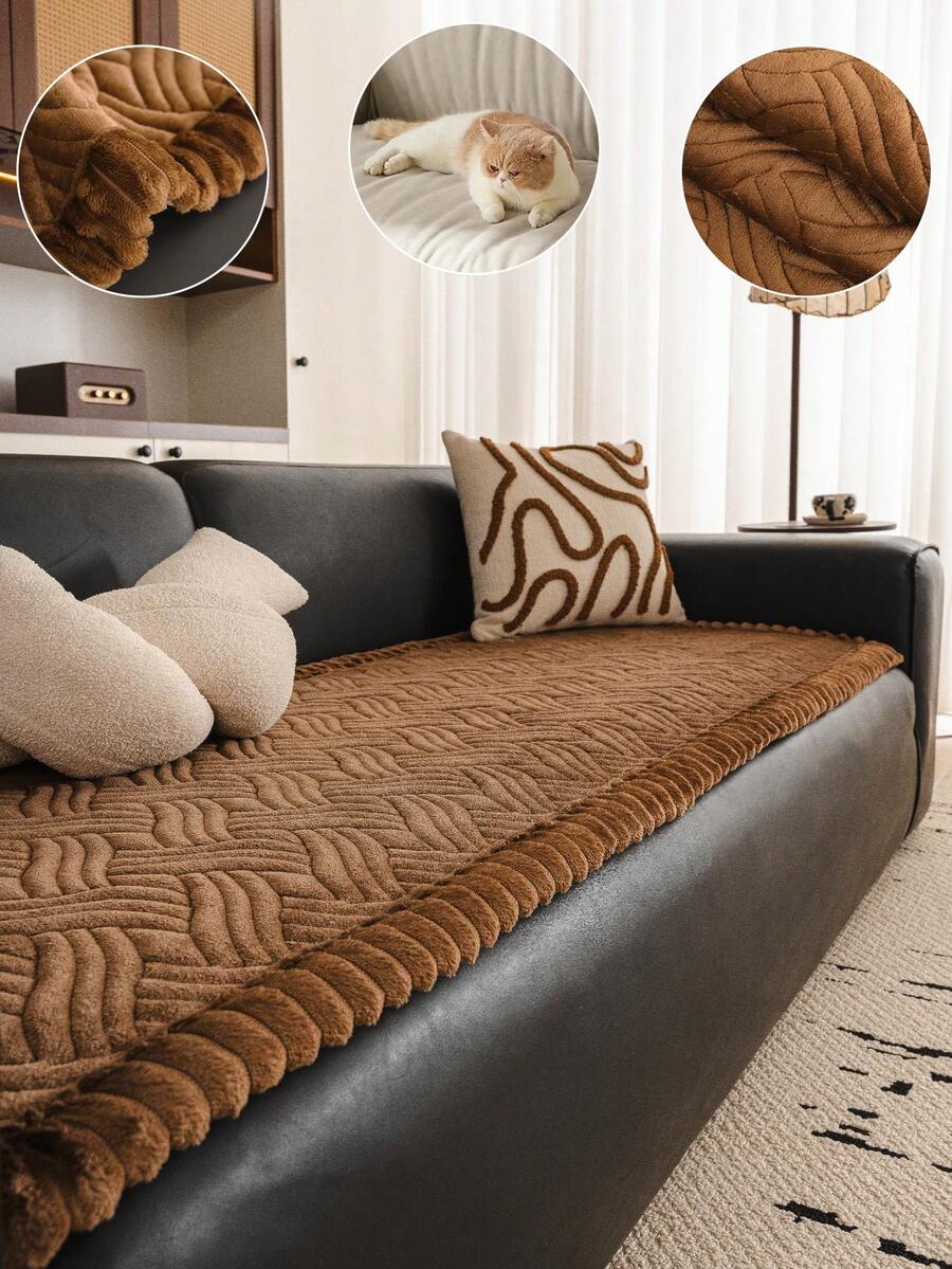 1 st quiltad soffkudde i flanell med vattenvågsmönster, halkfri, för alla säsonger, hudvänlig tjockad varm sittdyna i plysch för höst och vinter, husdjursvänlig, smutsavvisande, soffdekoration, soffskydd, dammtät och slitstark - Kaffebrun - Visa 1
