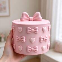 3D Printed Embossed Heart & Bow Round Jewelry Storage Box, INS Sweet Style With Compartment Design, Organizes Various Jewelry Accessories, Romantic Bedroom Desktop Decor, Practical Storage Craft For Girls - Pink - View 1