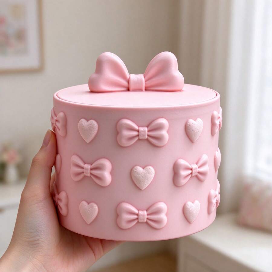 3D Printed Embossed Heart & Bow Round Jewelry Storage Box, INS Sweet Style With Compartment Design, Organizes Various Jewelry Accessories, Romantic Bedroom Desktop Decor, Practical Storage Craft For Girls - Pink - View 1