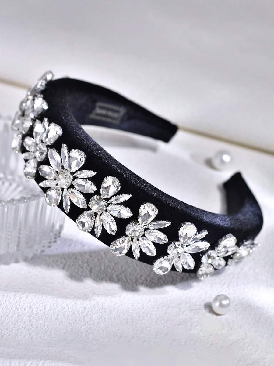 1pc Women's Rhinestone Flower Headband, Vintage Velvet Sponge Wide Band Headpiece, Suitable For Wedding, Festival, Party, Daily Hair Accessory