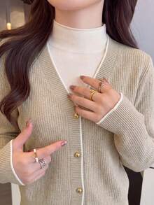 Women's Autumn/Winter Korean Style Apricot Long Sleeve V-Neck Ribbed Knit Cardigan, Casual Holiday Outing Shopping Outfit - Apricot - View 2