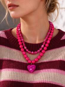 OABE 2pcs/Set Bohemian Style Cute Rose Red Beaded Layered Necklace With Heart Pendant, Unique Design Suitable For Women's Daily Wear, Holiday/Anniversary Surprise Gift - Hot Pink - View 1