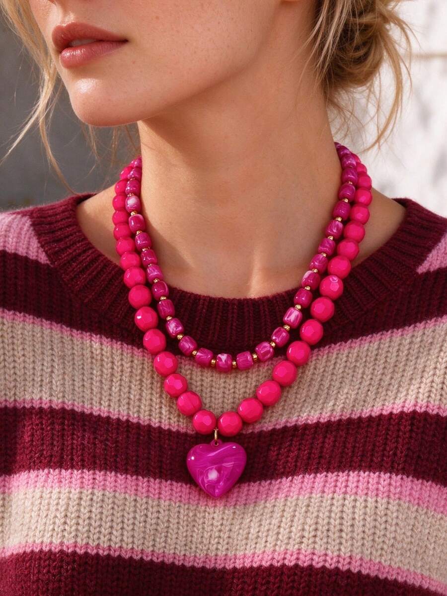 OABE 2pcs/Set Bohemian Style Cute Rose Red Beaded Layered Necklace With Heart Pendant, Unique Design Suitable For Women's Daily Wear, Holiday/Anniversary Surprise Gift - Hot Pink - View 1