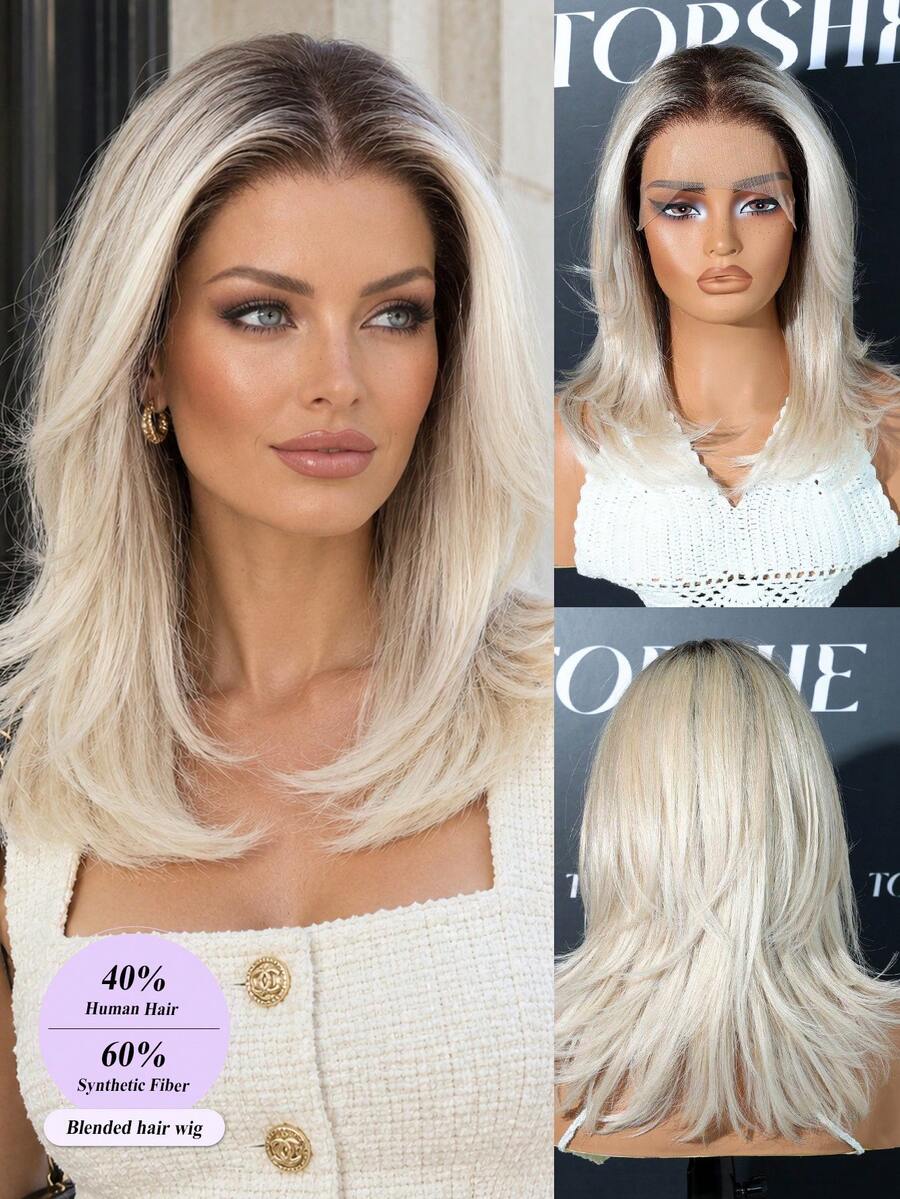 16 Inch Medium Length Straight Synthetic Wig For Women Shadow Root Platinum Ice Blonde Layered Hair With Face Framing Bangs Glueless Daily Wig - Silver-white - View 1