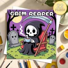 Grim Reaper Coloring Book, Cute Spooky Reaper Coloring Pages For Kids & Adults, Kawaii Skeleton Graveyard Tombstone Colouring Sheets, Gothic Halloween Activity Book, Simple Line Art Stress Relief Coloring Book Gift - Single Piece - View 1