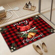 1pc Kitchen Floor Mat, Soft Faux Cashmere Material, Christmas Plaid Red & Black With Bird, Bell & Pine Branch Design, Non-Slip Mat For Kitchen, Bathroom, Entryway, Room Decor, Holiday Gift - Multicolor - View 6