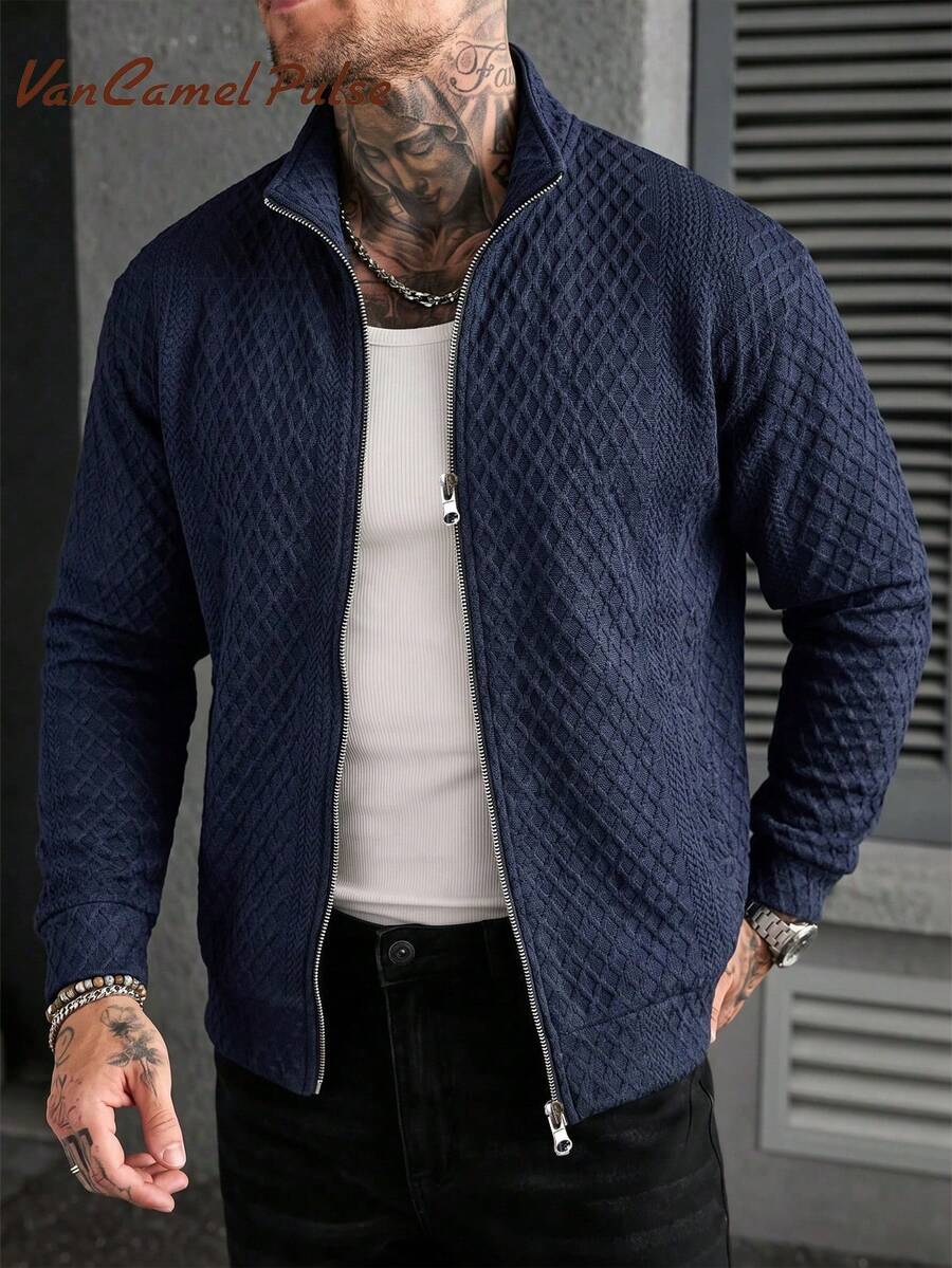 Vancamel Pulse Men's Outdoor Sport Style Jacket With Small Stand Collar, Solid Color Minimalist Versatile Wave Pattern Textured Jacket - Royal Blue - View 1