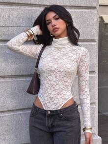 VIVINA Women's Elegant Apricot Lace Bodysuit, Long Sleeve High Neck Design, Semi-Sheer Fabric For Fall/Winter, Suitable For Layering In Fall/Winter And Wearing As Outerwear/Innerwear In Spring/Summer, Perfect For Daily/Date/Travel/Vacation/Home/Party. Simpleoutfit, Winterfashion, Falloutfits, Highfashion - Apricot - View 5