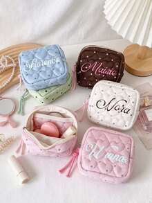 Personalized Custom Name Small Cosmetic Bag, Heart Quilted Zipper Pouch, Portable Mini Makeup Storage Bag, Bridesmaid Gift Birthday Gift For Women - Multicolor - View 4