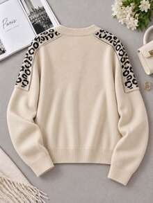 Women's Leopard Print Shoulder Patchwork Cardigan Sweater, Cream Color Button Front Round Neck Long Sleeve, Autumn/Winter - Apricot - View 3