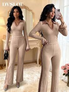 DVSLOE Women Fashion Casual Khaki Fall Winter Two‑Piece Set, Long Sleeve Lapel Collar Crop Top & Flared Pants Set For Going Out, Night Out, Commute - Khaki - View 1