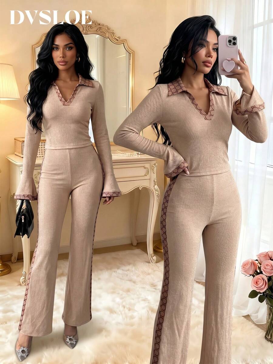 DVSLOE Women Fashion Casual Khaki Fall Winter Two‑Piece Set, Long Sleeve Lapel Collar Crop Top & Flared Pants Set For Going Out, Night Out, Commute - Khaki - View 1