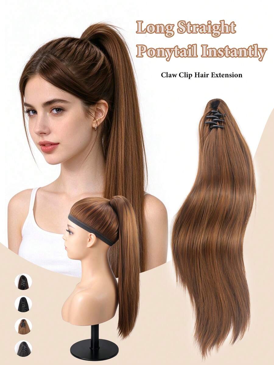18 Inch Straight Claw Clip Ponytail Extension For Women, Natural Luster Synthetic Hair Piece, Soft Fake Ponytail Hair Extensions, 4 Colors Available, Easy Wear Hair Accessories For Daily Party - Multicolor - View 1