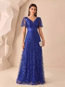 XUCTHHC Elegant V-Neck Butterfly Sleeve High-Quality Sequin A-Line Deep Blue Party Evening Gown, Formal Ball Dress, Wedding Guest, Holiday, Autumn/Winter - Royal Blue - View 1
