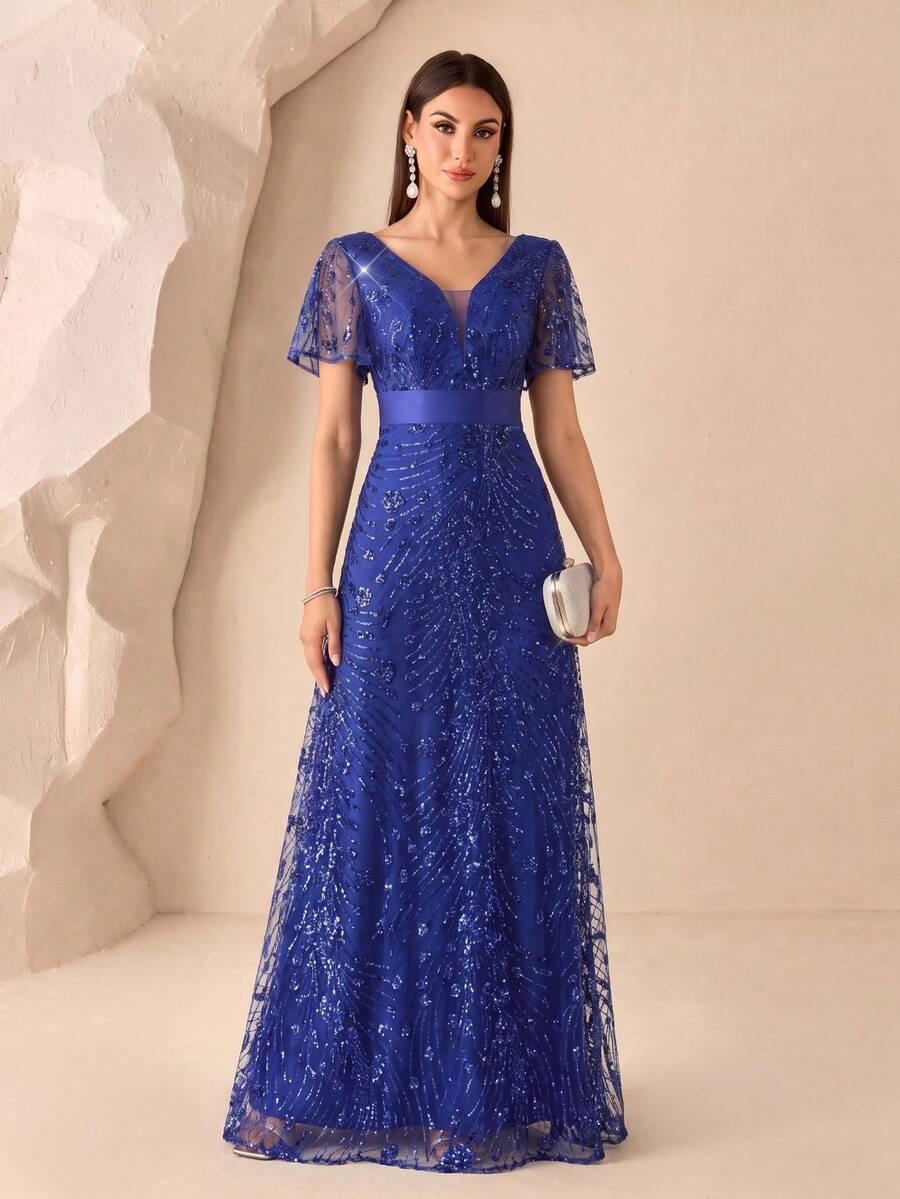 XUCTHHC Elegant V-Neck Butterfly Sleeve High-Quality Sequin A-Line Deep Blue Party Evening Gown, Formal Ball Dress, Wedding Guest, Holiday, Autumn/Winter - Royal Blue - View 1