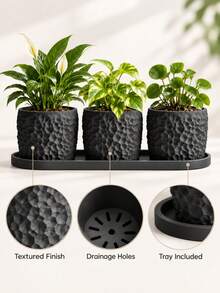 3pcs Indoor Plant Pots Set With Drainage Holes And Trays, Modern Textured Planters For Indoor Greenery, Succulents, Herbs, Cacti, Pothos And Other Small Plants, Suitable For Windowsill, Desktop, Shelf, Living Room, Office And Garden Decor - Multi-color - View 2