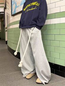 Men's Long Pants, Halloween, Christmas, Holiday Outfit, Drawstring Waist Casual Daily Pants. High Street Thick Rope Drawstring Wide Leg Sweatpants For Men, Loose Draping Grey Sports Pants Casual Long Pants, With Belt Loops, Essential Pants For Home Leisure And Outdoor Travel. - Light Grey - View 1