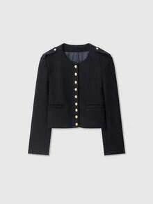 Women's Short Crew Neck Long Sleeve Old Money Style Wool Jacket - Navy Blue - View 1