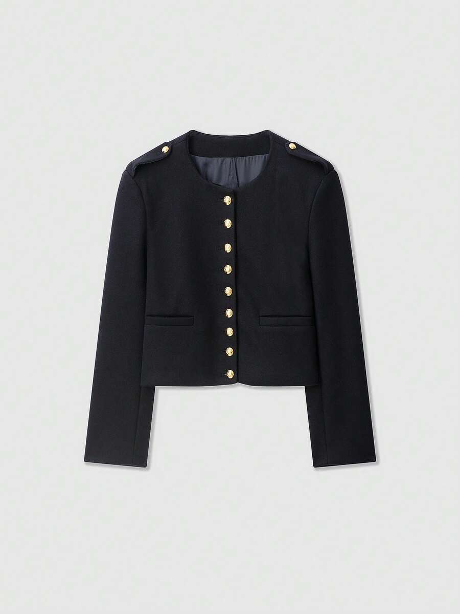 Women's Short Crew Neck Long Sleeve Old Money Style Wool Jacket - Navy Blue - View 1