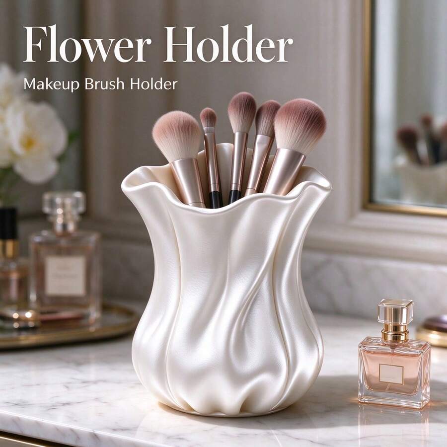 3D Printed Silk Texture Makeup Brush Holder, Flower Shaped Cosmetic Storage Box, Decorative Pen Holder, Vanity Bathroom Home Decor - Multicolor - View 1
