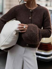 MORI Fall Winter Y2K Elegant Casual Brown Fuzzy Knit Bell Sleeve Button Cardigan Tops Women Going Out Party Vacation Concert Outfits - Brown - View 2