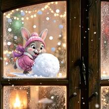 1pc/4pcs Christmas Kittens Static Cling Window Sticker, Cute Cats With Xmas Hat Playing Snowball, Reusable Xmas Clings, Home & Kids Nursery Decor - Multicolor - View 8