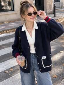 Spring New Contrast Color Patchwork Pocket Design Loose Knit Cardigan Jacket Simple Casual Versatile Women's Sweater - Blue - View 1