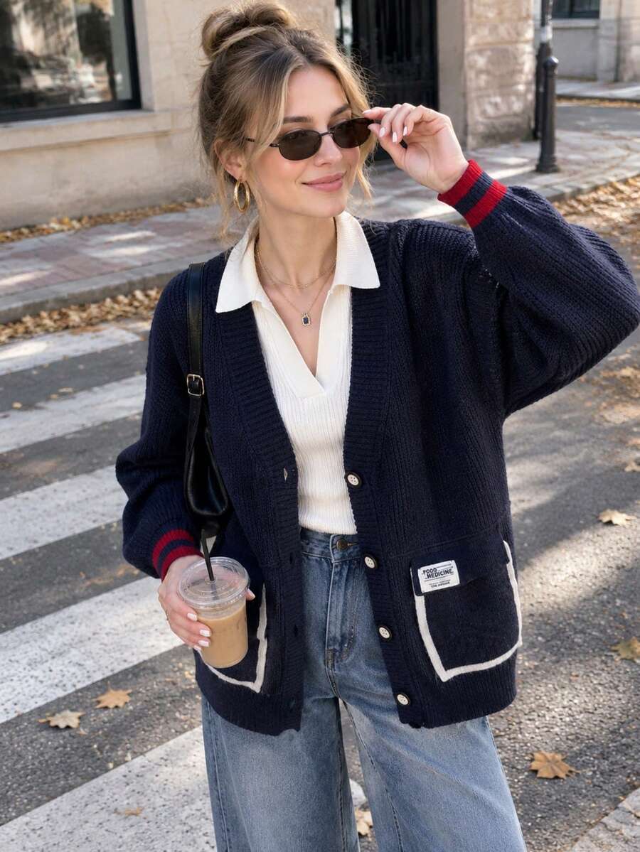 Spring New Contrast Color Patchwork Pocket Design Loose Knit Cardigan Jacket Simple Casual Versatile Women's Sweater - Blue - View 1