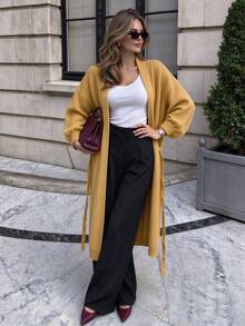Women's Autumn/Winter Solid Color Tie-Front Ribbed Drop Shoulder Lantern Sleeve Loose Mid-Length Knit Cardigan - Camel - View 4