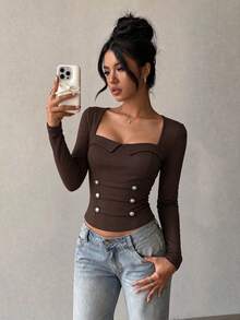 ملابس علوية نابوليون نسائية من VIVINA بلون موحد وأكمام طويلة بتصميم أزرار وقصة ضيقة كاجوال، بياقة مربعة، تي شيرت ناعم وصديق للبشرة، ملابس علوية منزلية مريحة، طبقة داخلية ضيقة للخريف/الشتاء، للخروجات اليومية والتنقل - بني - مشاهدة 1