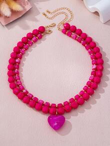 OABE 2pcs/Set Bohemian Style Cute Rose Red Beaded Layered Necklace With Heart Pendant, Unique Design Suitable For Women's Daily Wear, Holiday/Anniversary Surprise Gift - Hot Pink - View 4