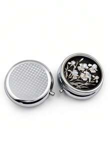 1pc Dark Night White Iris Round Metal Storage Box & Portable Pill Case, 3-Compartment Layout To Prevent Mixing, Suitable For Carrying Medicine, Vitamins, Jewelry And Other Personal Items; Compact And Easy To Access, Durable Body Suitable For Commuting, Travel, Outdoor And Home Use, Exquisite Pattern Brightens Daily Life, Also Great As A Gift - Multicolor - View 6