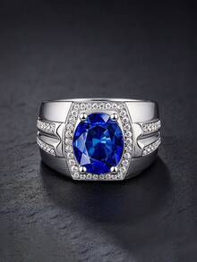 MONALLY Men's Luxury Oval Cut Simulated Blue Sapphire Ring Wide Band With Paved Cubic Zirconia Halo, Bold Statement Cocktail Wedding Ring Jewelry Gift For Men - Ring - View 3