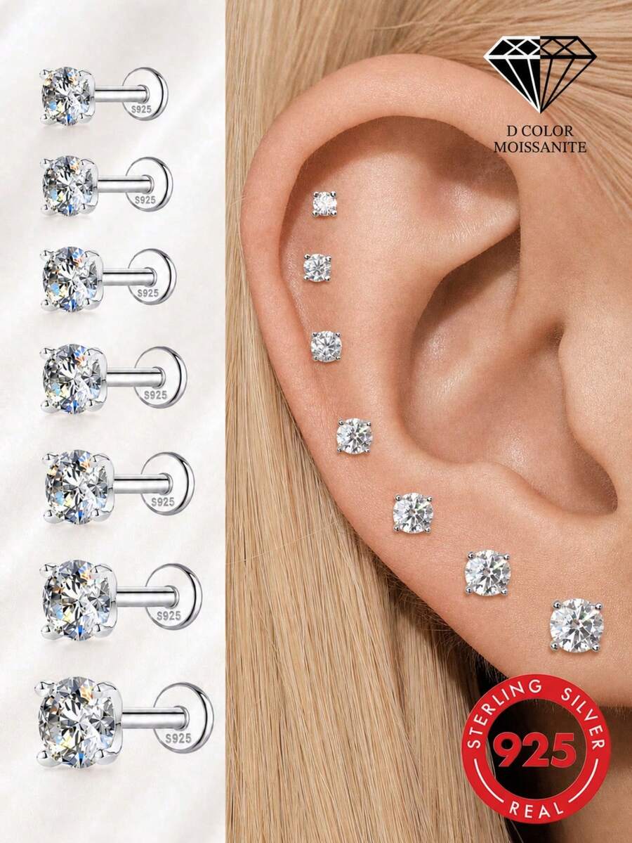 1 stk 0,03–1,2 ct moissanitt-øredobber i 925 sterlingsølv, flate bakside, hypoallergene piercing-øredobber, unisex til daglig bruk, bryllup og brud