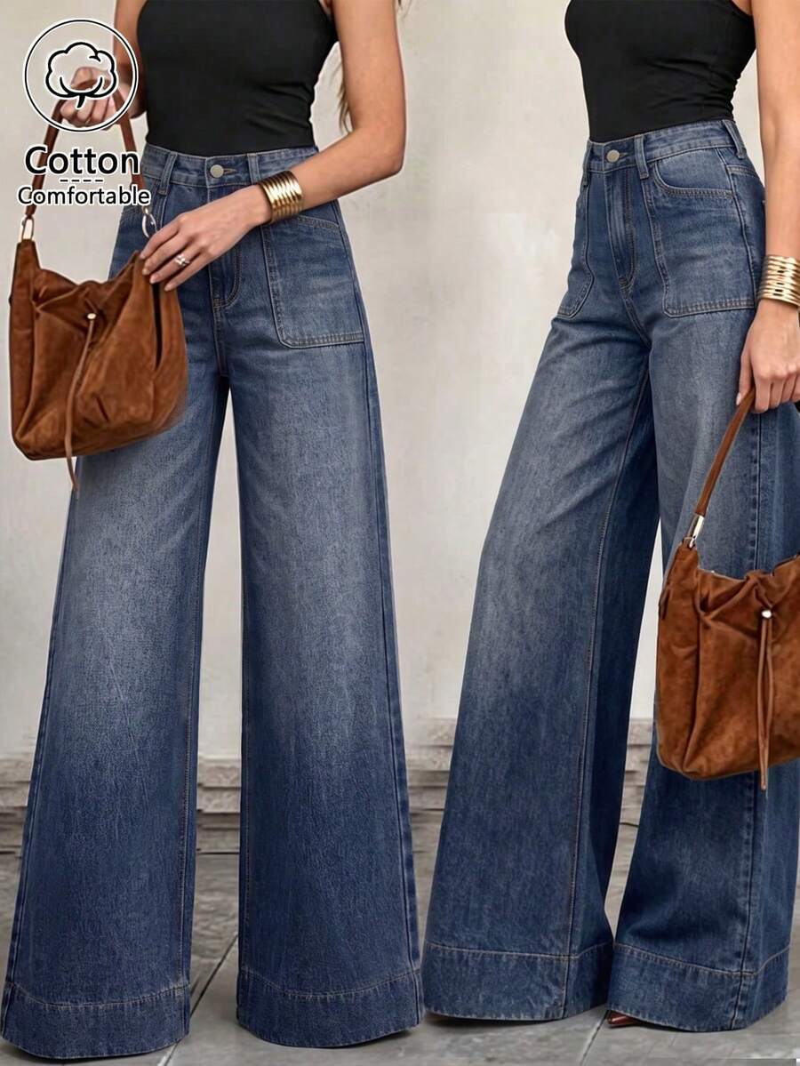 Women's Fashion Relaxed Fit Dark Wash High Waist Large Pocket Straight Leg Jeans, Loose Fit For Commute, Workplace, Daily Bottoms Casual Fall - Blue - View 1