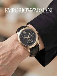 Armani AR4674 Men's Chronograph Watch, Hollow Dark Gray Dial With Gold Round Case, Black Textured Strap, Premium Accessory Suitable For Office And Dating - Black - View 4