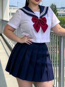 1PC Plus Size Women's Japanese Sweet Cute Campus Style JK Sailor Uniform Costume Outfit Set, Suitable For Holiday Party Performance Wear, Perfect For All Festival Gifts, COSPLAY Role Play Costume - Blue - View 3
