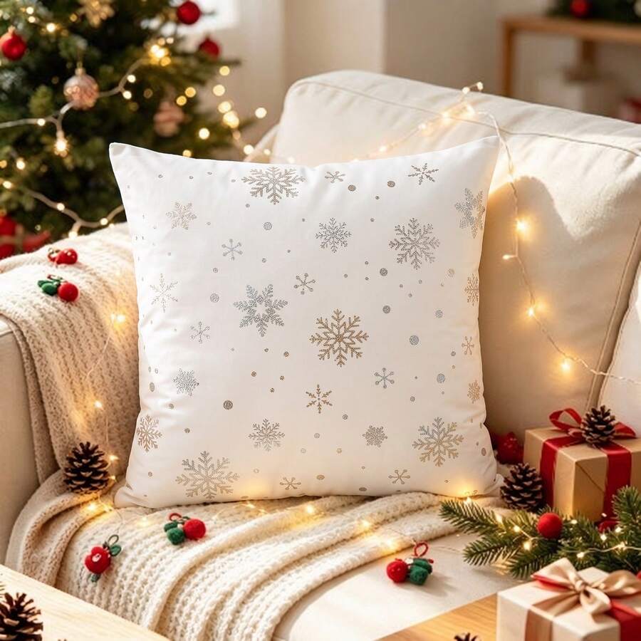 2 buah Sarung Bantal Dekoratif Motif Salju Natal, Sarung Bantal Sofa, Tanpa Isian - Putih - View 1