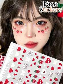 1pc Sweet Cool Girl Theme Face Decoration Stickers, Strawberry Multiple Heart & Bow Patterns, Convenient Self-Adhesive No Glue, Party Photo Date Atmosphere Face Makeup Stickers - Multicolor - View 1