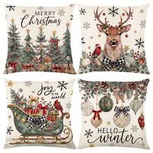 1 Set 4pcs Sarung Bantal Motif Selamat Natal, Rusa Kutub, Pohon Natal, Bola Natal, Kereta Luncur Hadiah Ukuran 18x18 Inci, Sarung Bantal Campuran Linen untuk Liburan Natal dengan Resleting, Cocok untuk Dekorasi Rumah, Dapat Dicuci dengan Mesin, Gaya Modern, Berbagai Motif, Isian Bantal Tidak Termasuk - MultiWarna - View 4