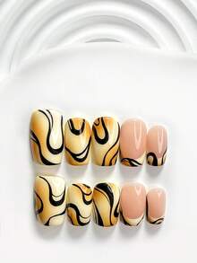 秋季 10 片獨特風格手工穿戴甲 Polygel 凝膠美甲套組 線條設計 黑棕色指甲油 簡約風 含美甲工具 3 種尺寸可選 方形 短方形 杏仁形 適合派對、舞蹈、日常配戴（手工細節可能有所不同） - 彩色 - 查看 12