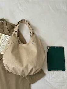 1pc Women's Solid Color PU One Shoulder Bag, Fashionable Large Capacity Eyelet Decor Tote Bag, Ruched Crescent Bag, Suitable For Commuting, Shopping, Vacation, Travel - Beige - View 4