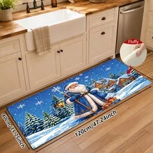 1pc Kitchen Floor Mat, Soft Faux Cashmere Material, Blue Santa Claus Snowflake Pattern, Non-Slip Mat For Kitchen, Bathroom, Entryway, Suitable For Multiple Scenes, Room Decor, Holiday Gift - Multicolor - View 11