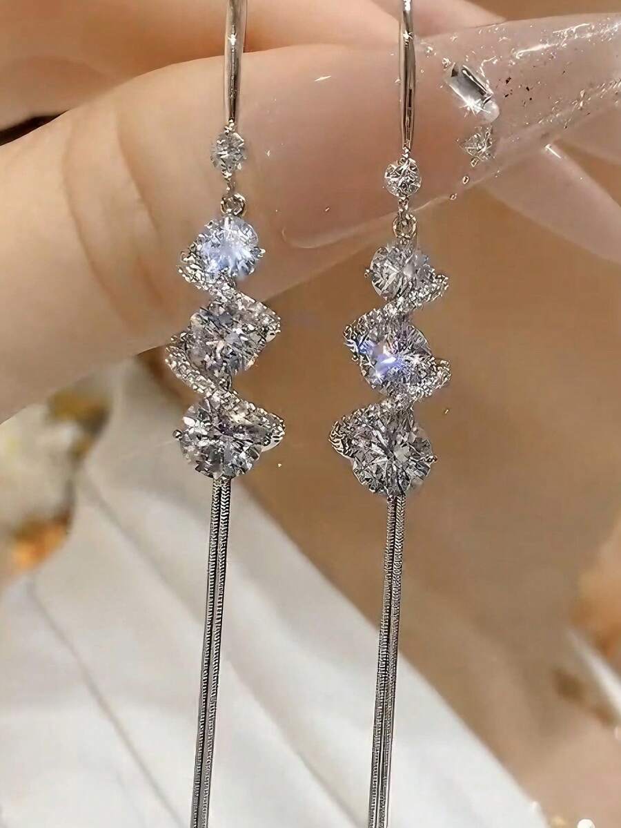 1對奢華優雅流蘇耳環,女性日常配戴珠寶 - 銀色 - 查看 1