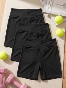 3 PiecesGirls' Solid Color Knitted Casual Sports Shorts (YY783) - Black - View 10