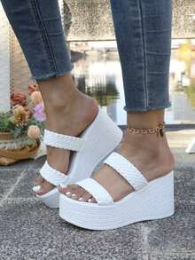 Women's Woven Double Strap Decor Wedge Platform Slide Sandals, Summer Outdoor Beach Slippers - White - View 3