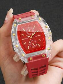 Women's Silicone Strap Fashion Transparent Case Watch, Barrel-Shaped Dual-Dial Scale Watch Face Outdoor Sports Wristwatch, Gift Watch (1pc/Set) Watch Box Not Included - Red - View 4